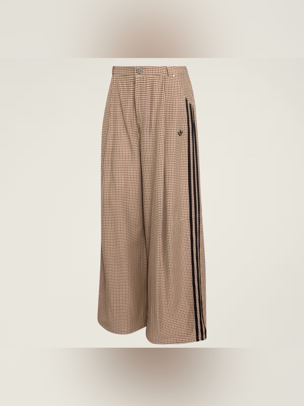 adidas Wide-Leg Checked Track Pants in Beige with Black Stripes